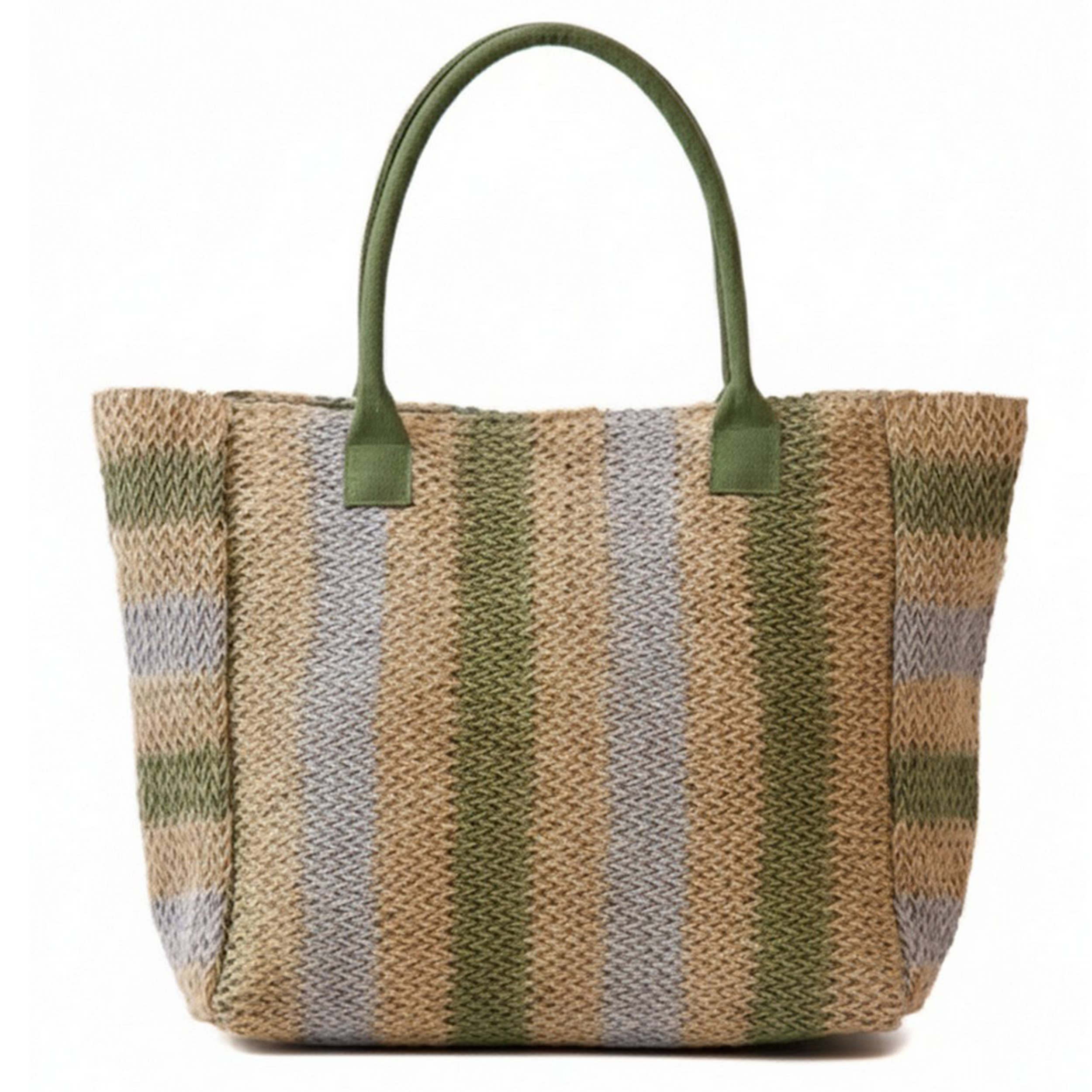 Hana - Multi Color Stripe Pattern Natural Brown Straw Tote Bag