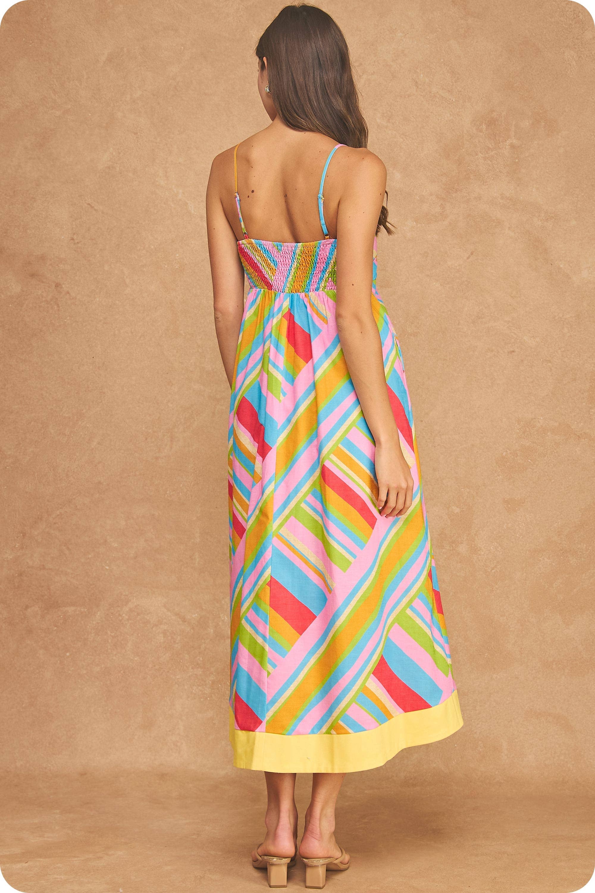 Strut & Bolt - Vibrant Geometric Stripe Contrast Midi Dress