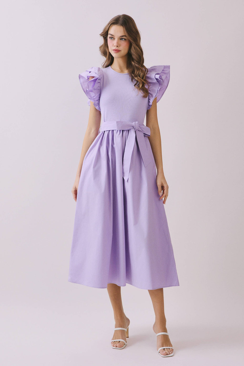 Dramatic Double Layered Ruffle Shoulder Midi Dress