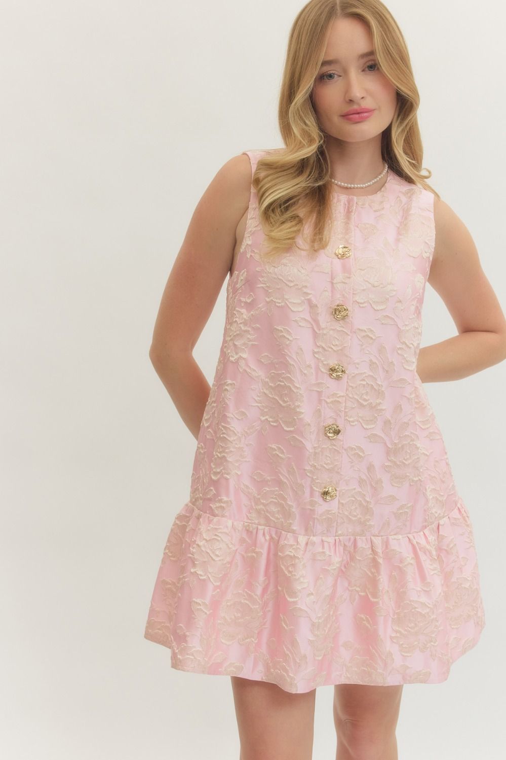 Textured button floral jacquard sleeveless mini dress