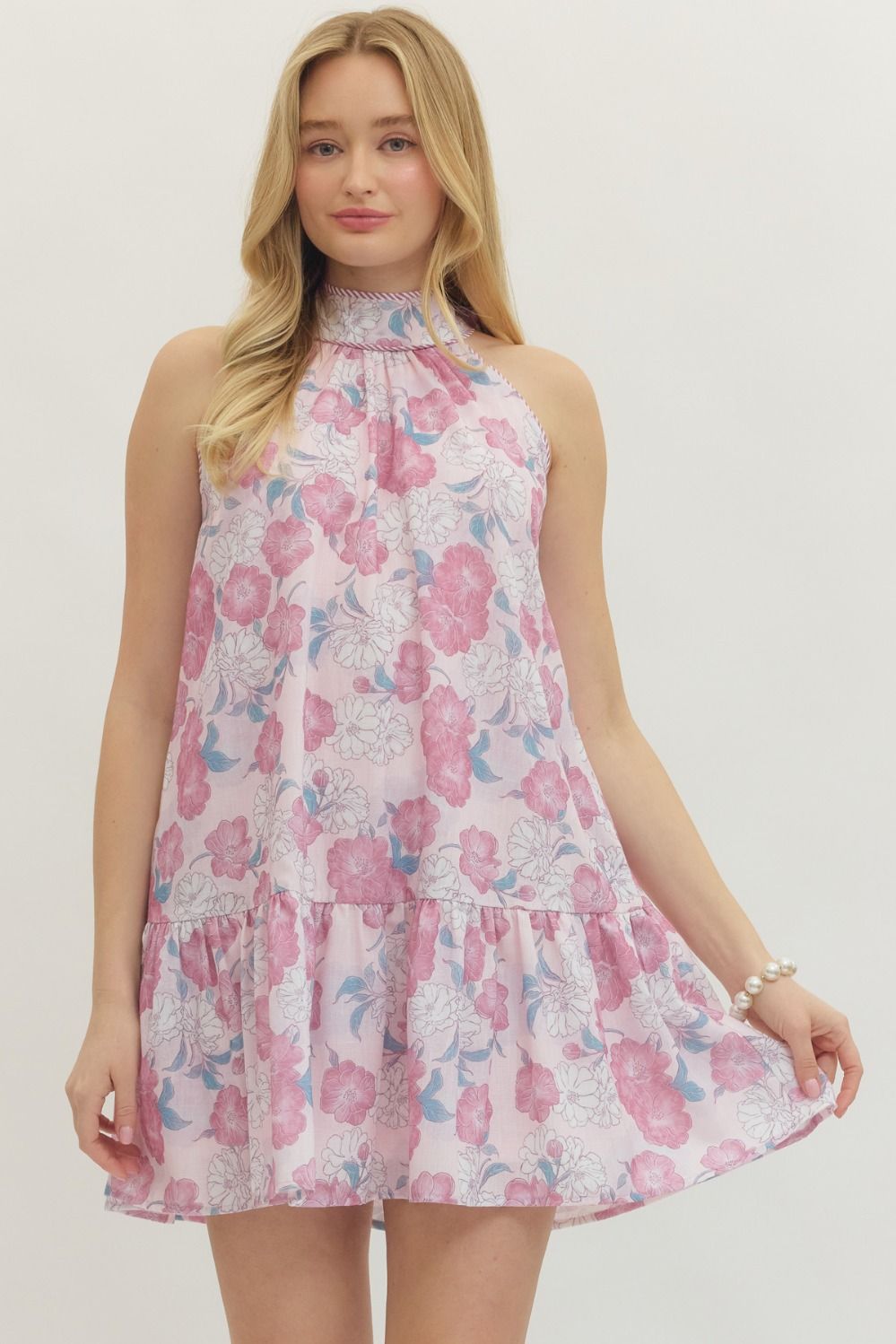 Botanical print halter mini dress