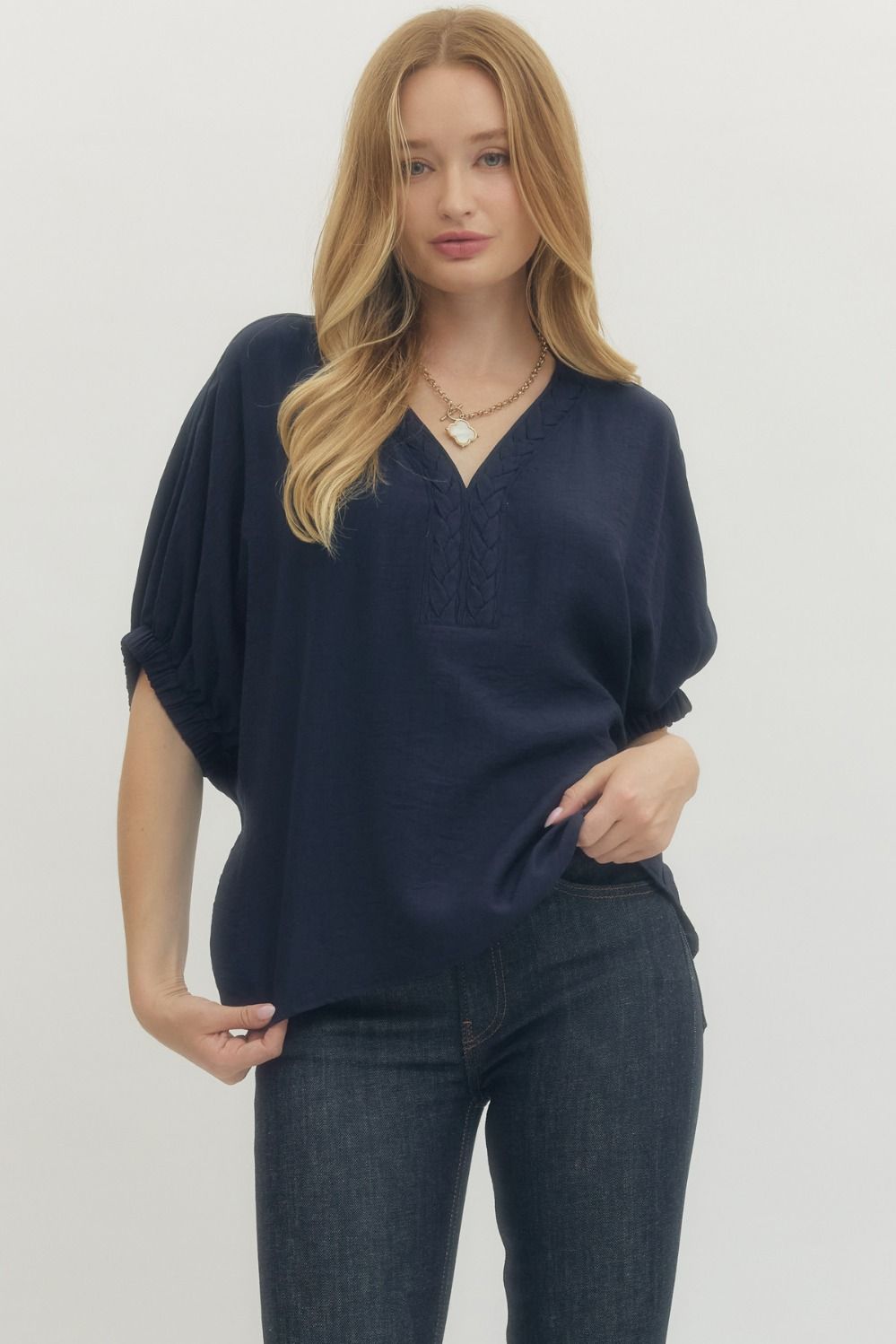 Solid dolman V-neck Top Navy