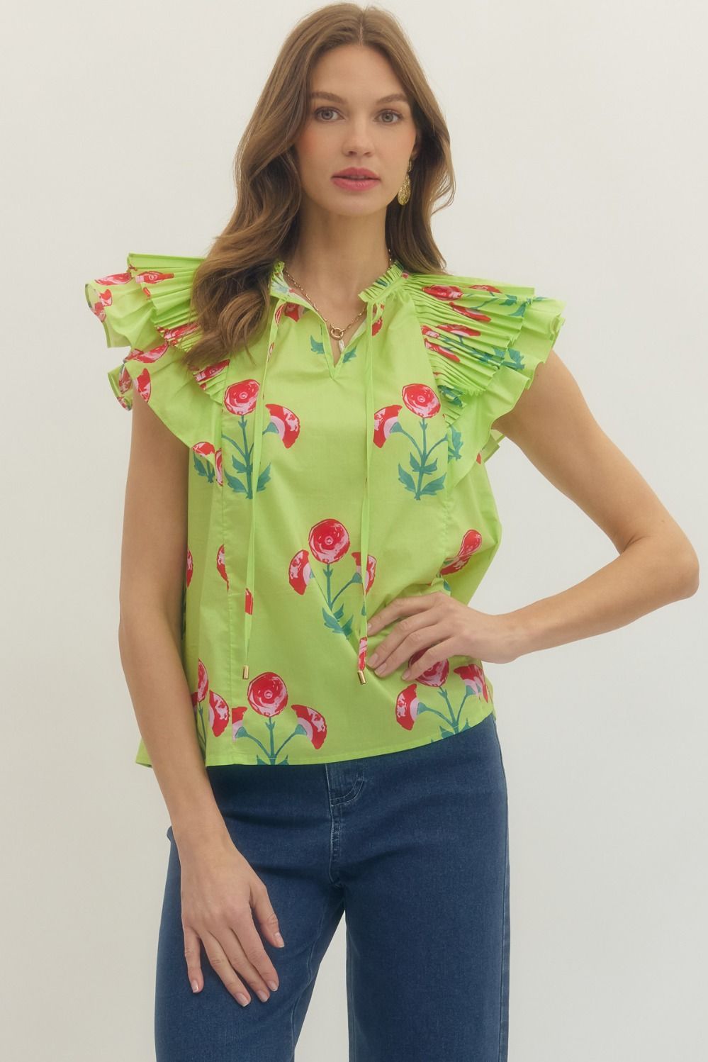Floral print pleated ruffle sleeve top