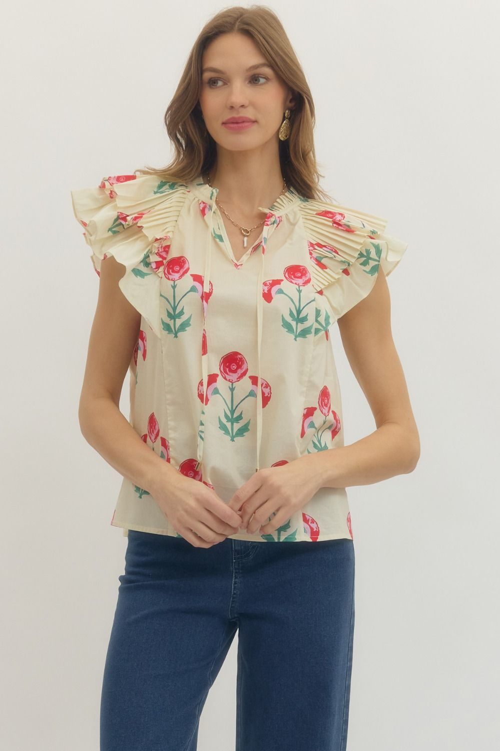 Floral print pleated ruffle sleeve top
