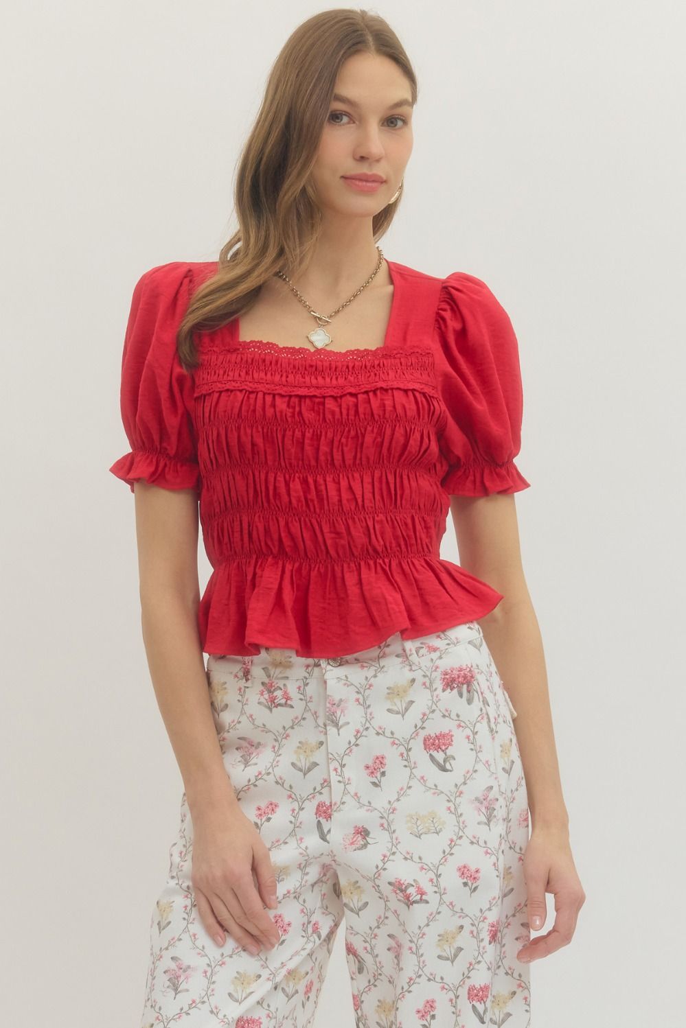 Shirred bodice and ruffle hem Top