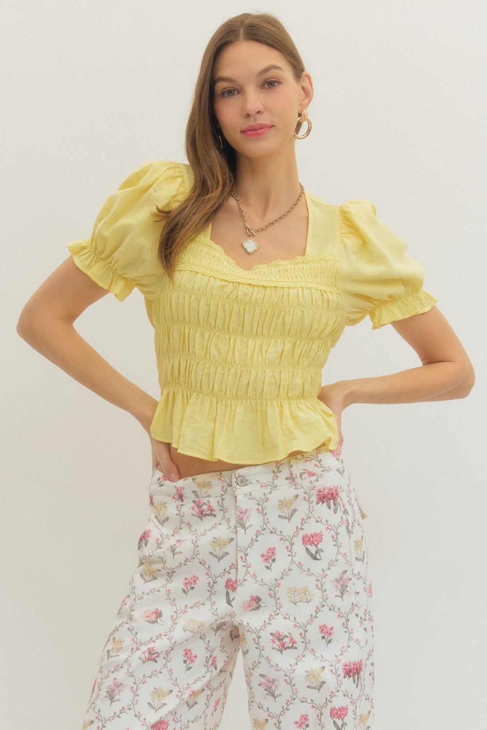 Shirred bodice and ruffle hem Top