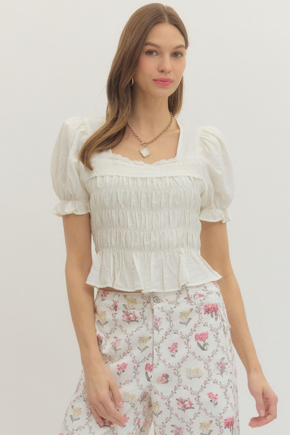 Shirred bodice and ruffle hem Top