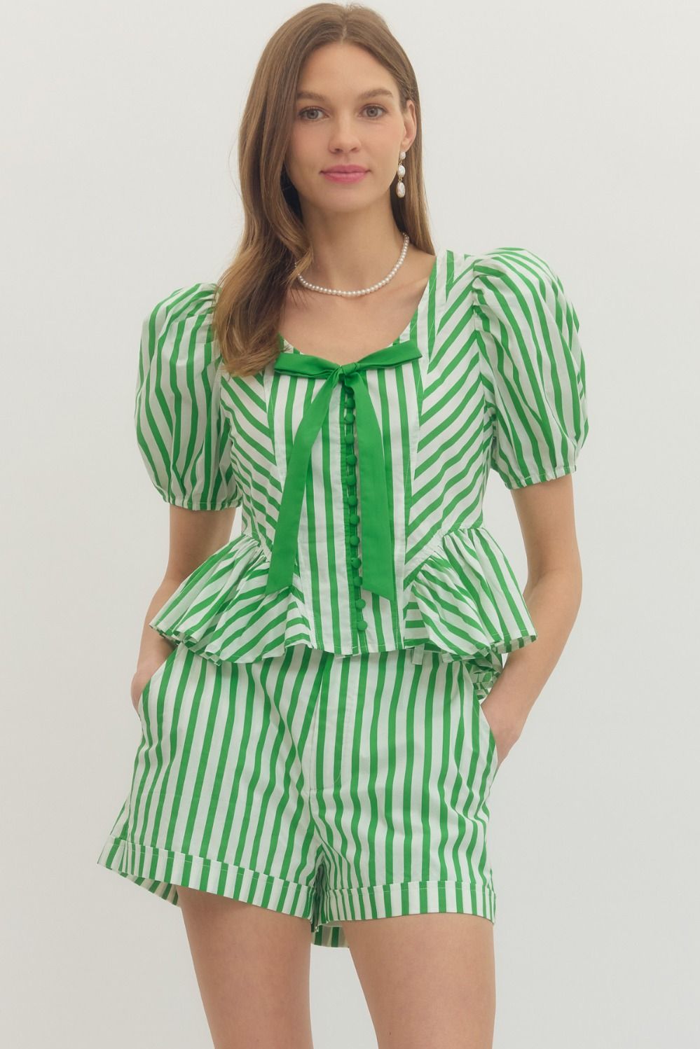 Stripe print short puff sleeve peplum top