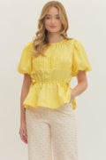 Ruched bodice with adjustable side tie drawstring waist top