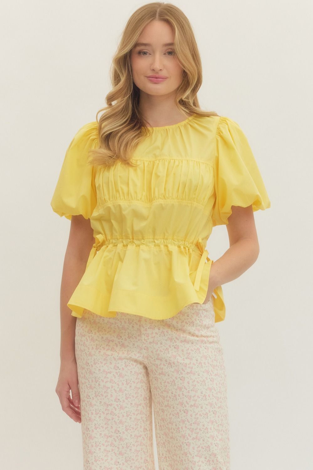 Ruched bodice with adjustable side tie drawstring waist top