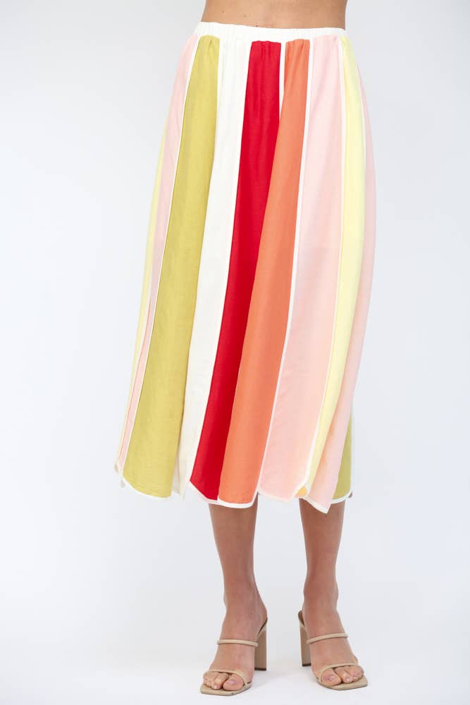 FATE - LINEN BLEND VERTICAL MULTICOLOR PANELS COLOR-BLOCK MIDI SKIR
