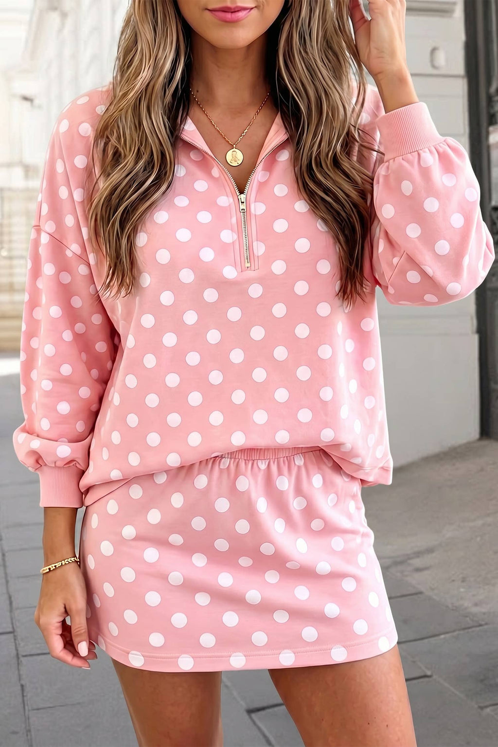 Aapparella - Lovely Polka Dots Print Zip Front  hooded Skort Set | S-XL