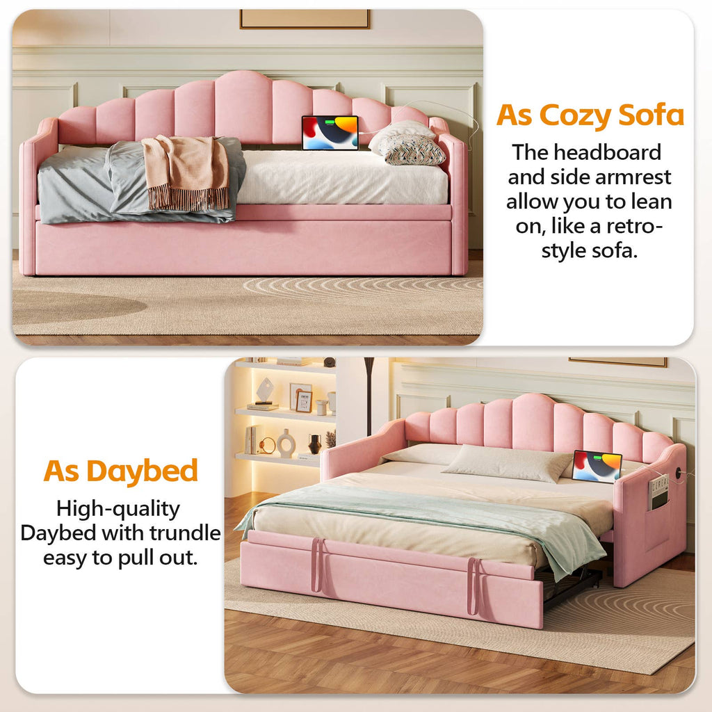 39F Inc. - Velvet Daybed with Pop Up Trundle USB Twin Beige/Pink
