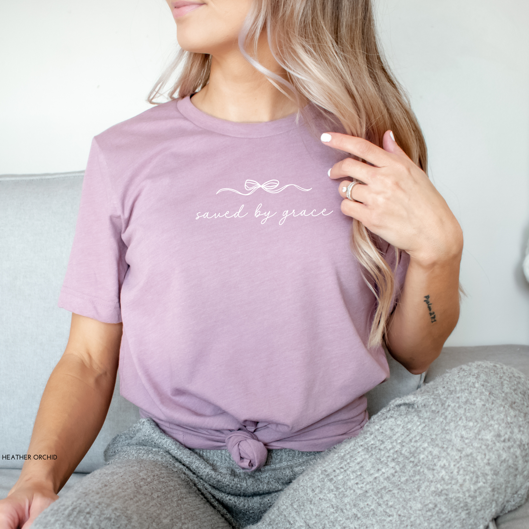 Faith & Life Christian Brands - Saved By Grace Easter Spring Women's Christian Bow T-Shirt
