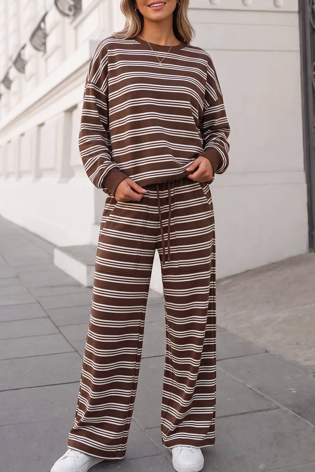 Aapparella - Striped Cutout Back Top &  Pants 2pcs Set | S-4X