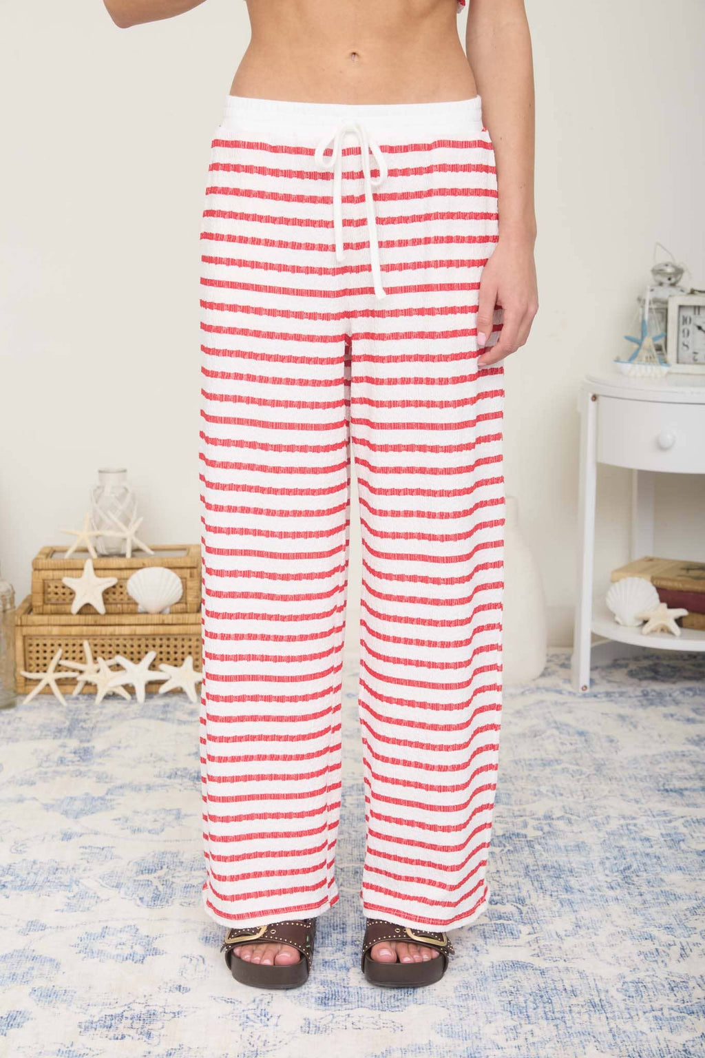TEXTURED STRIPE DRAWSTRING WIDE LEG LOUNGE PANTS