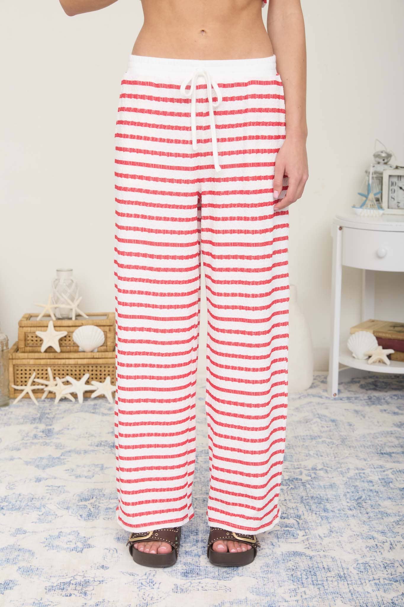 TEXTURED STRIPE DRAWSTRING WIDE LEG LOUNGE PANTS