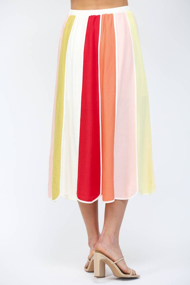 FATE - LINEN BLEND VERTICAL MULTICOLOR PANELS COLOR-BLOCK MIDI SKIR