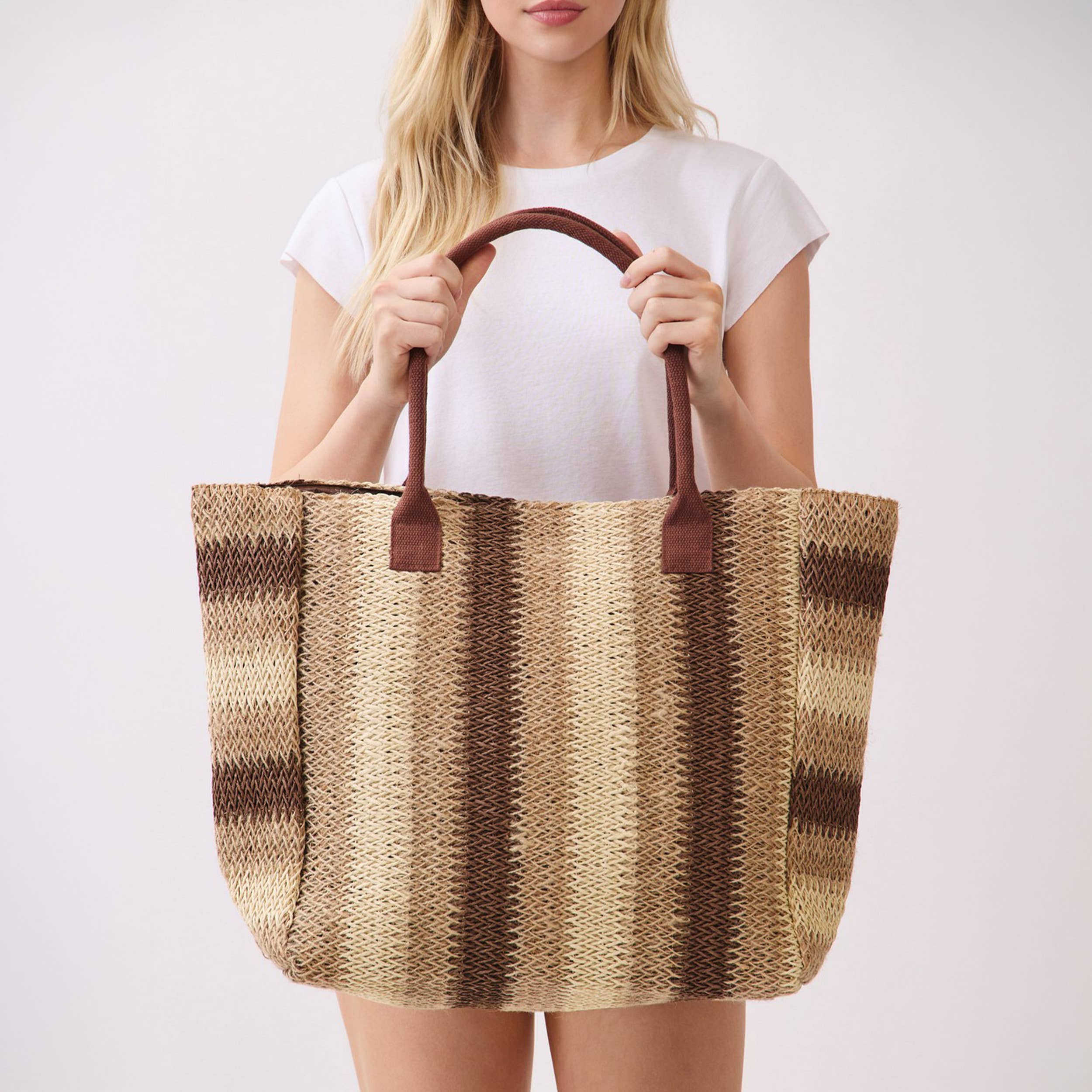 Hana - Multi Color Stripe Pattern Natural Brown Straw Tote Bag