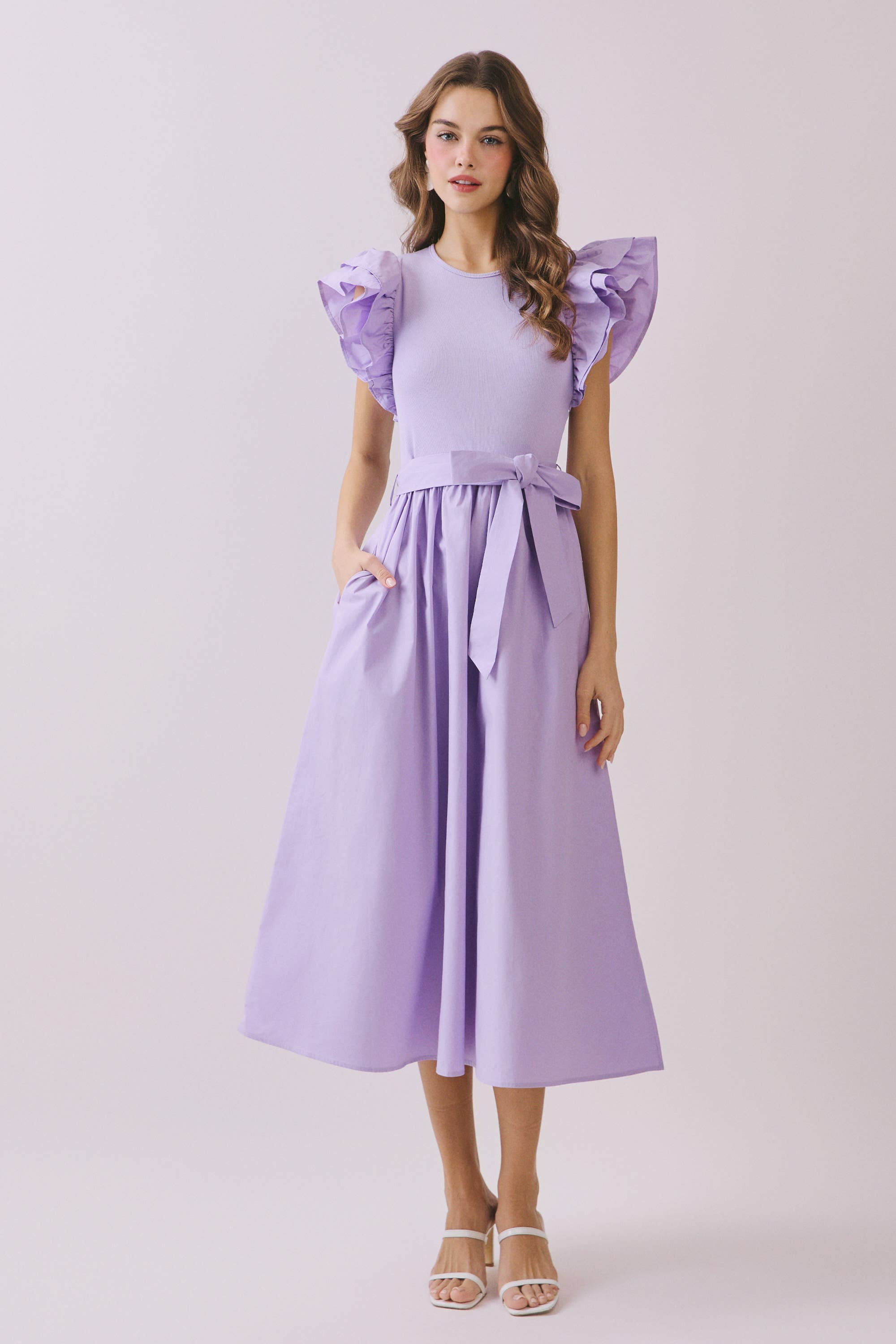 Dramatic Double Layered Ruffle Shoulder Midi Dress