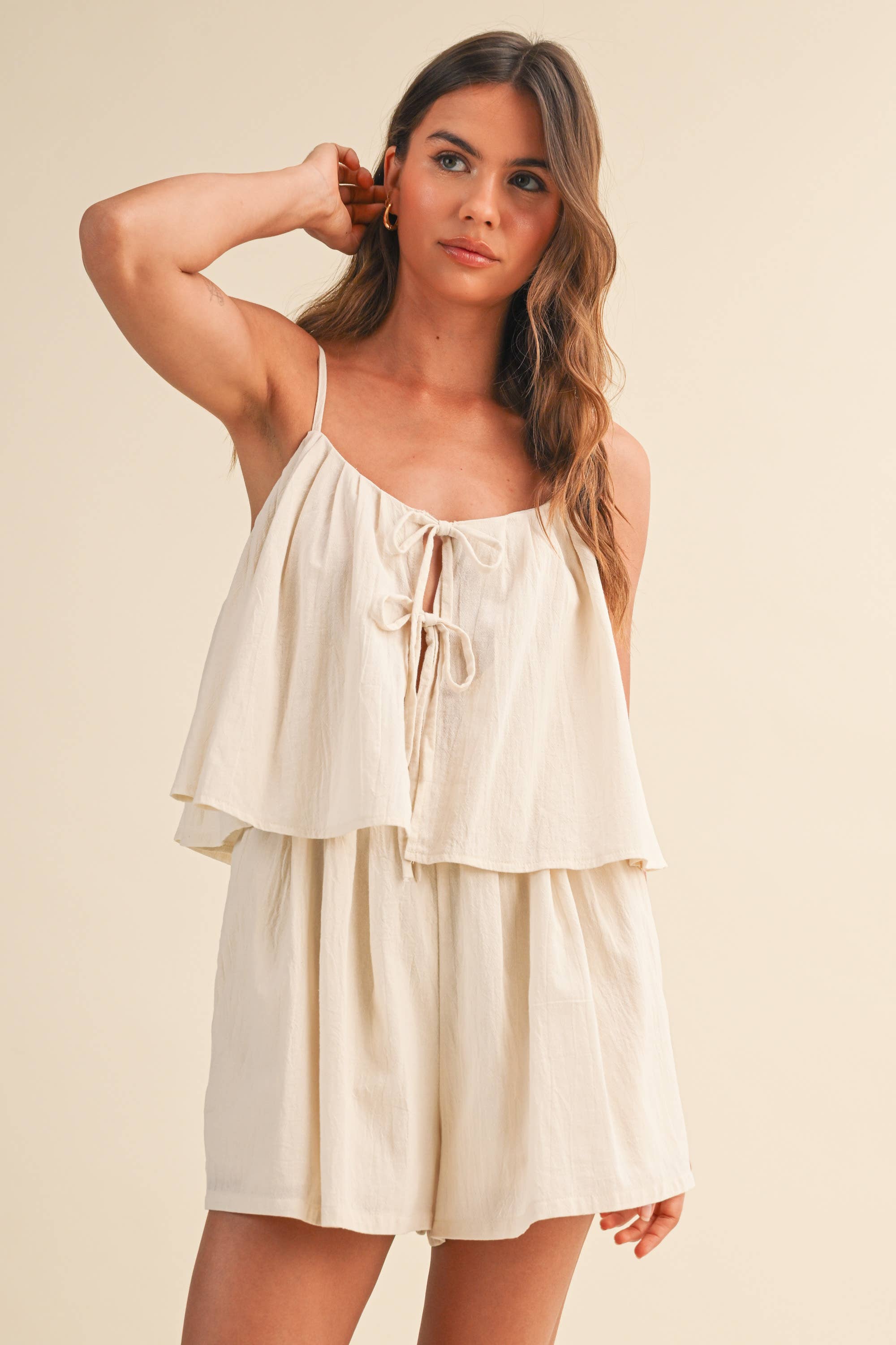 TIERED, FLOWY ROMPER/ FRONT-TIE ACCENTS AND TEXTURED