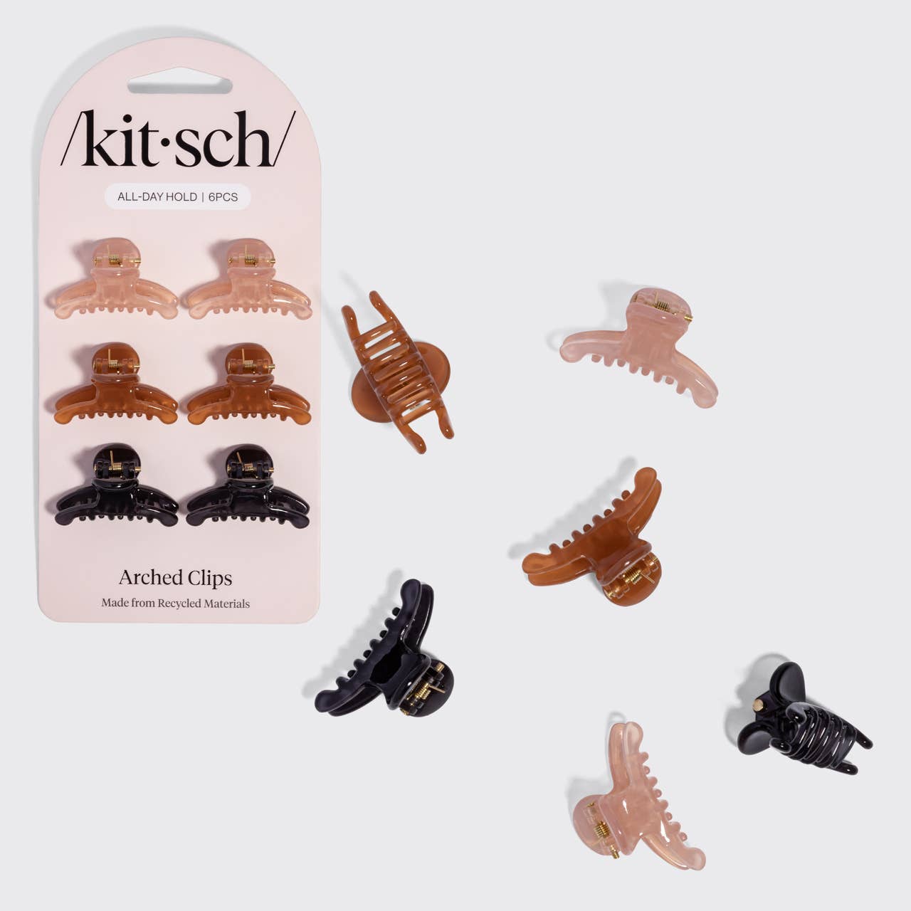 KITSCH - Recycled Plastic Mini Arched Clips 6pc Set - Soft Pink, Mocha & Black