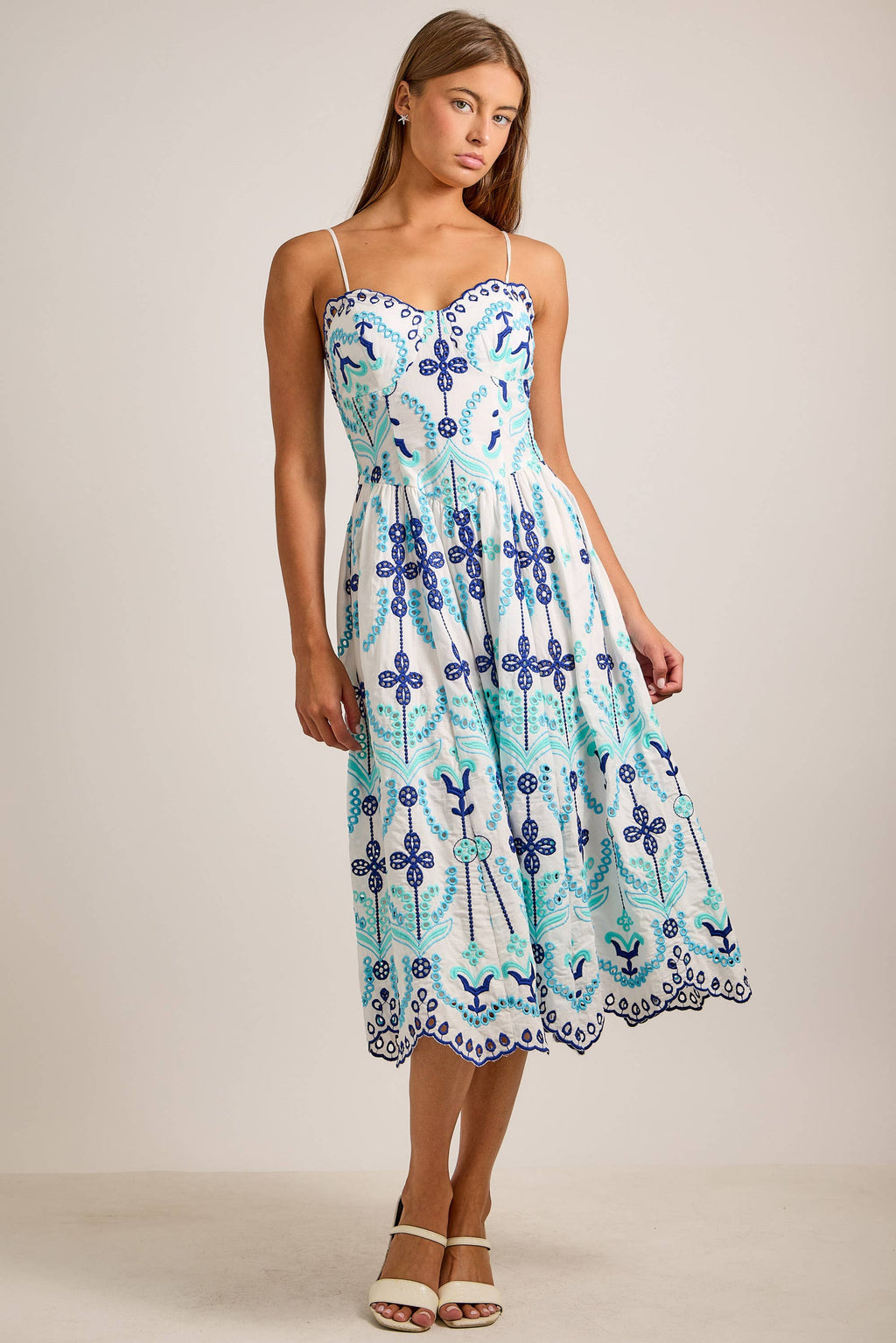 Embroidered Fit-and-Flare Midi Dress