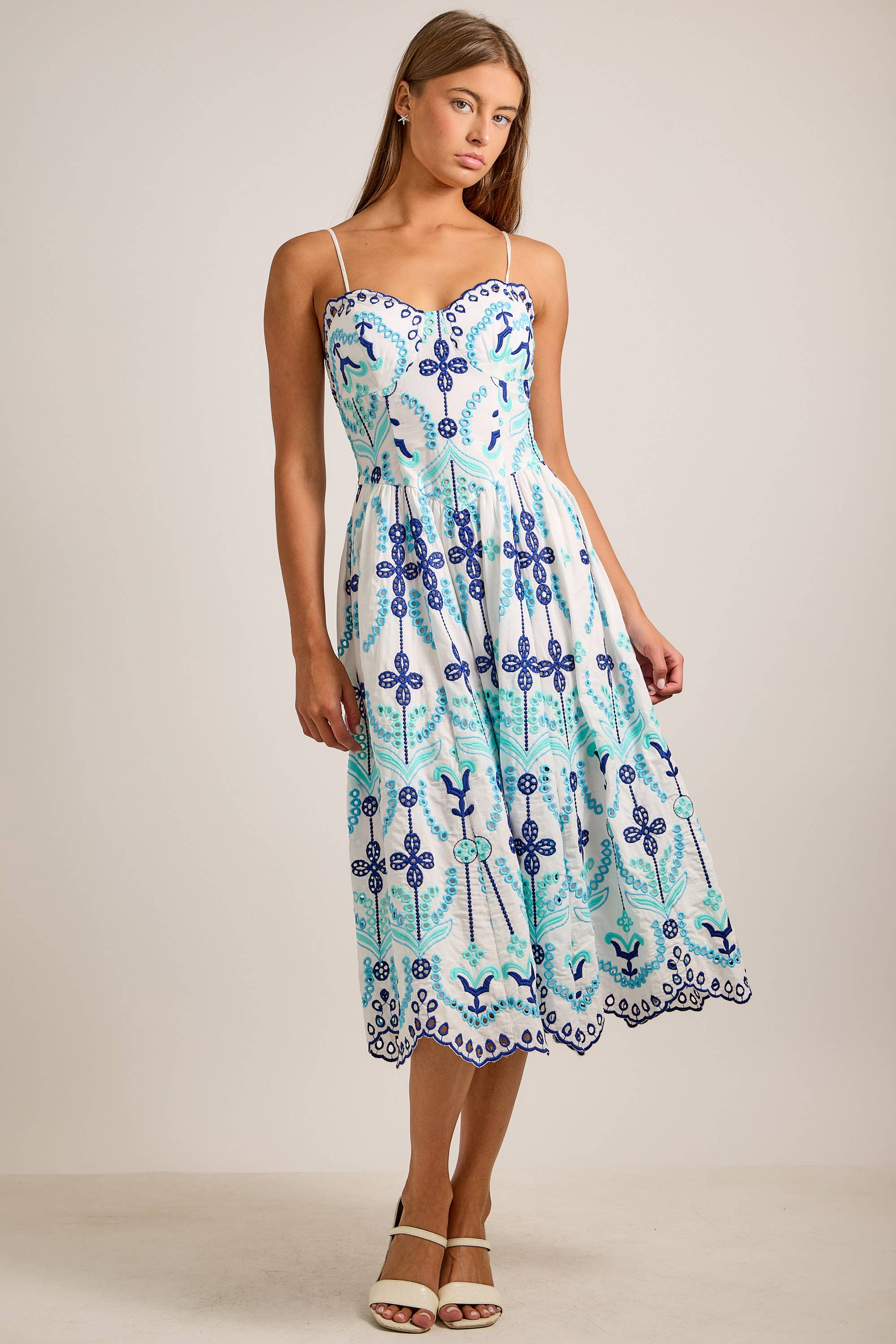 Embroidered Fit-and-Flare Midi Dress