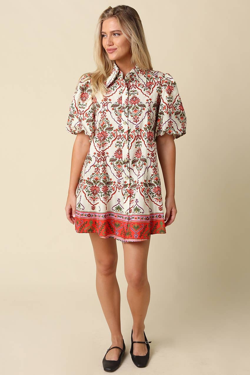 Olivaceous - Mary Print Puff Sleeve Mini Dress