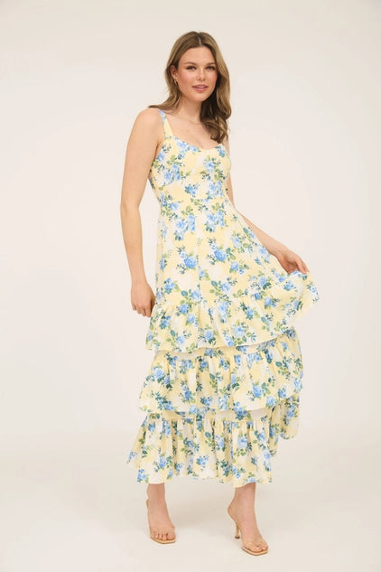 Floral Sleeveless Ruffle Tiered Hem Midi Dress