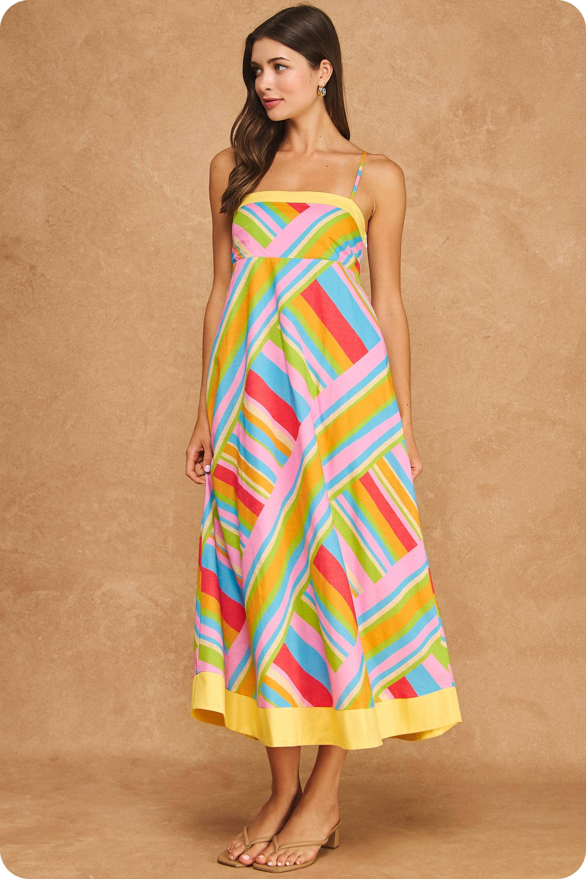 Strut & Bolt - Vibrant Geometric Stripe Contrast Midi Dress