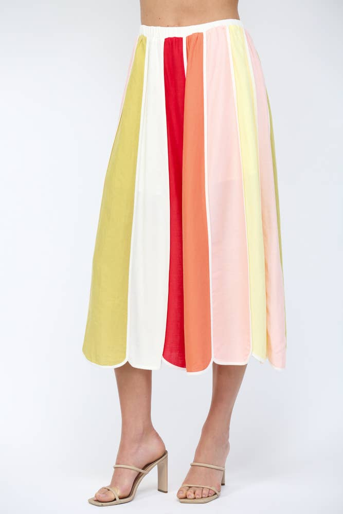 FATE - LINEN BLEND VERTICAL MULTICOLOR PANELS COLOR-BLOCK MIDI SKIR