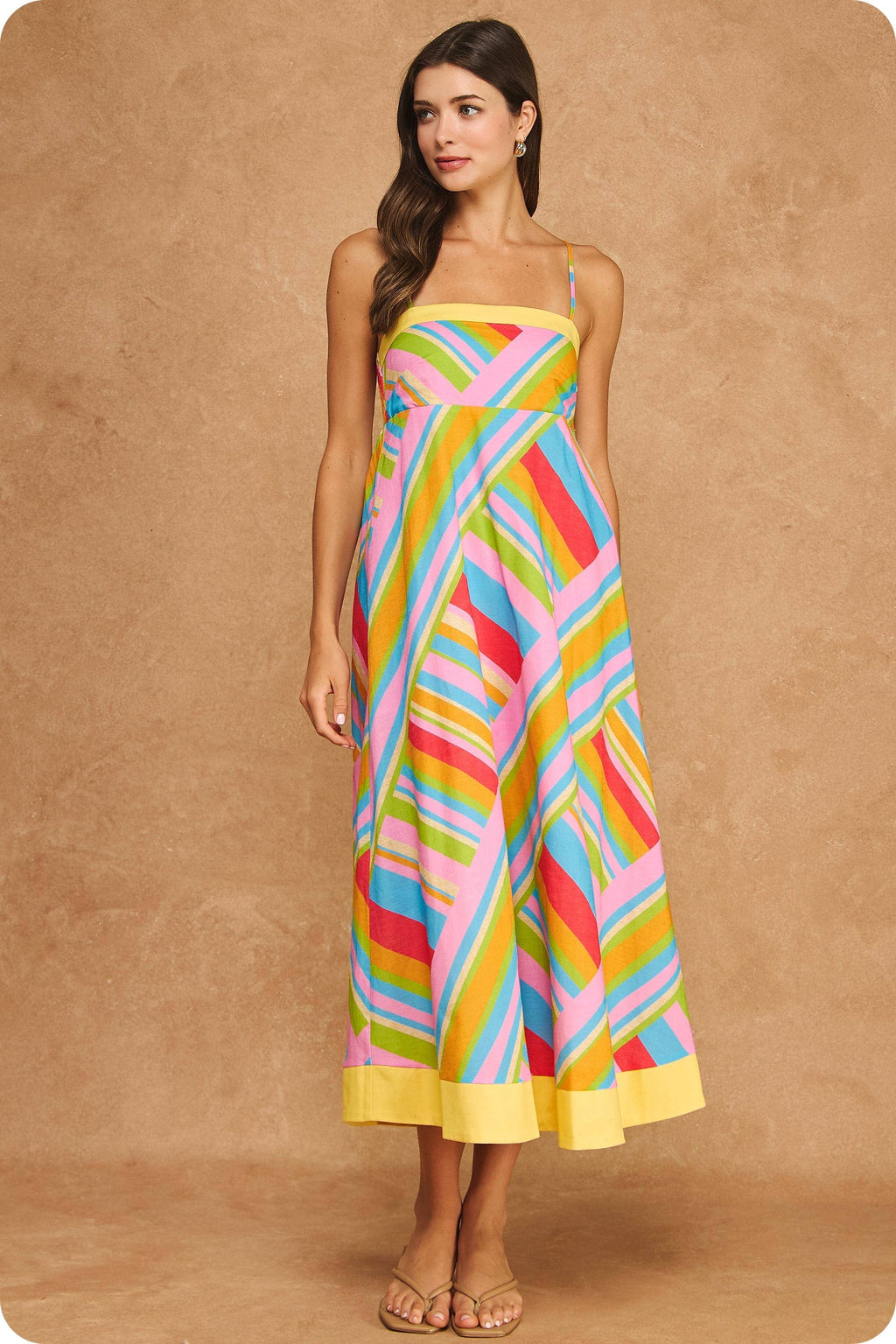 Strut & Bolt - Vibrant Geometric Stripe Contrast Midi Dress