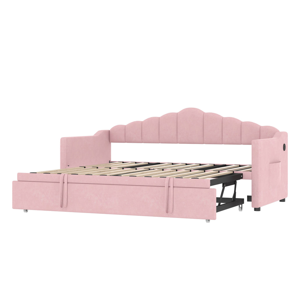 39F Inc. - Velvet Daybed with Pop Up Trundle USB Twin Beige/Pink