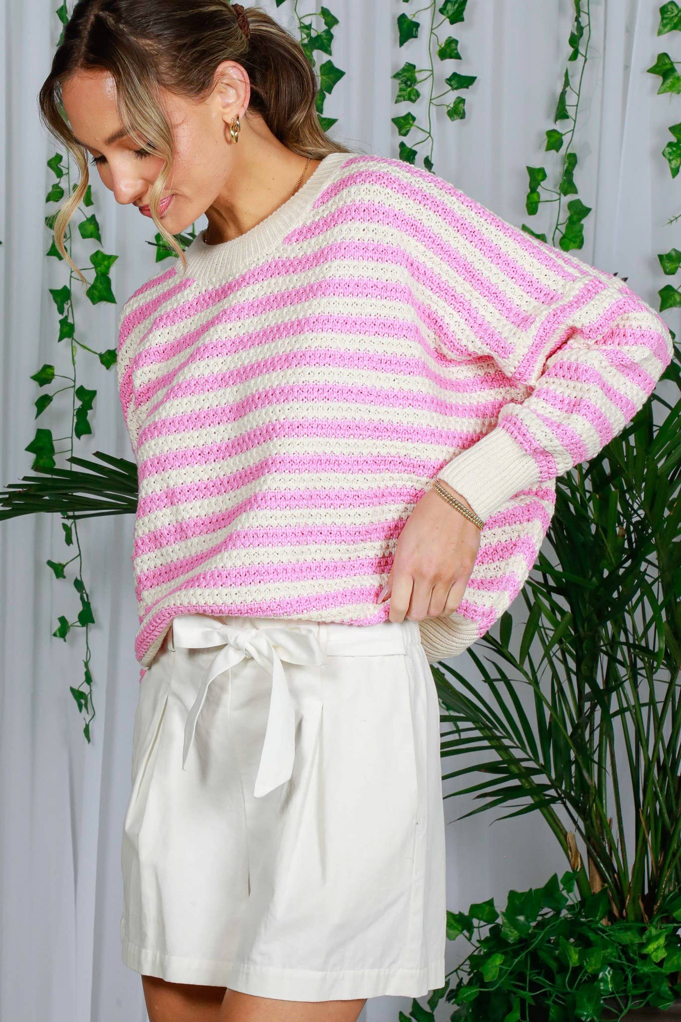 Crew Neck Long Balloon Sleeve Strip Crochet Sweater