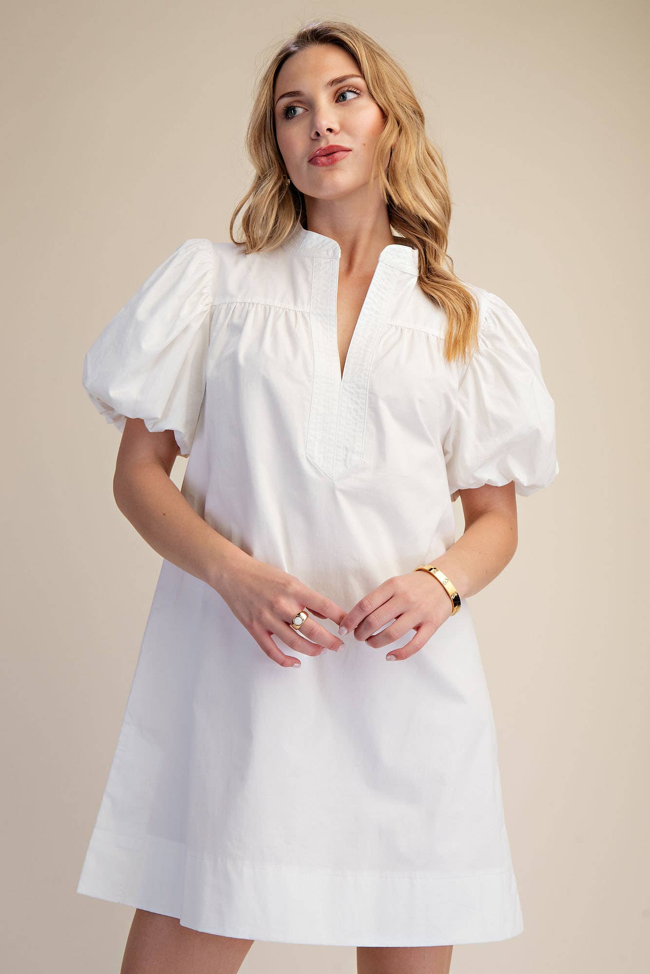 China Collar V-Neck Bubble Sleeve Mini Dress