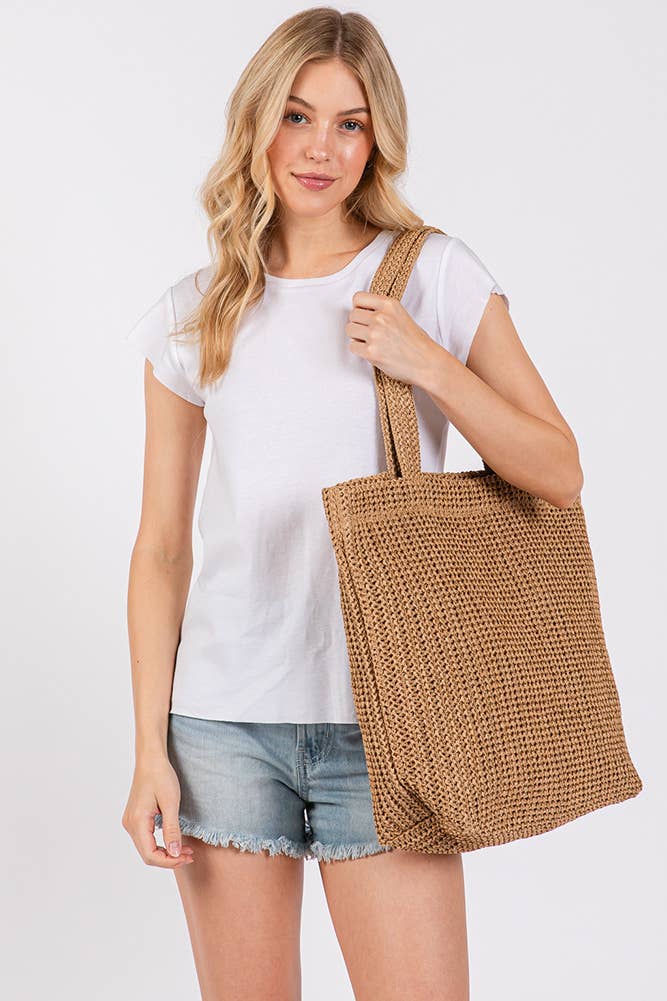 Solid Color Crochet Summer Straw Tote Bag