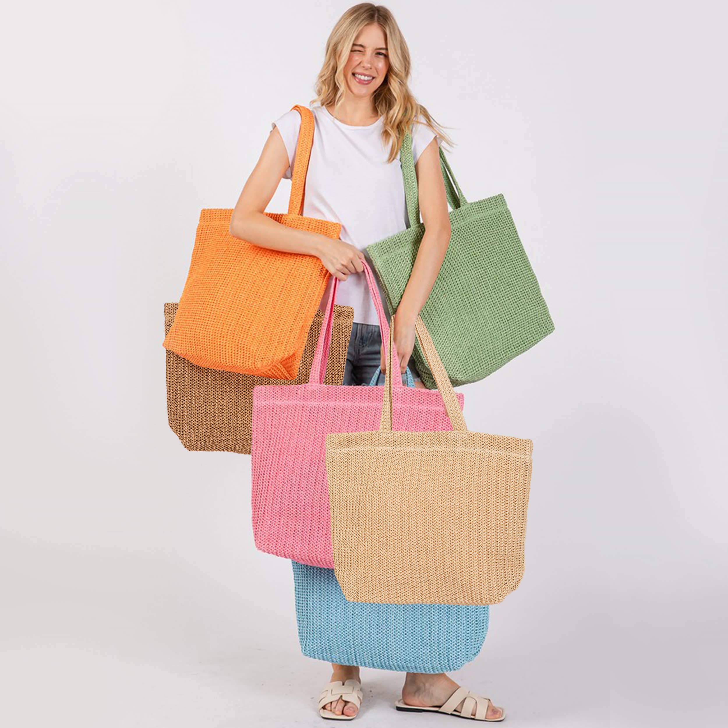 Solid Color Crochet Summer Straw Tote Bag