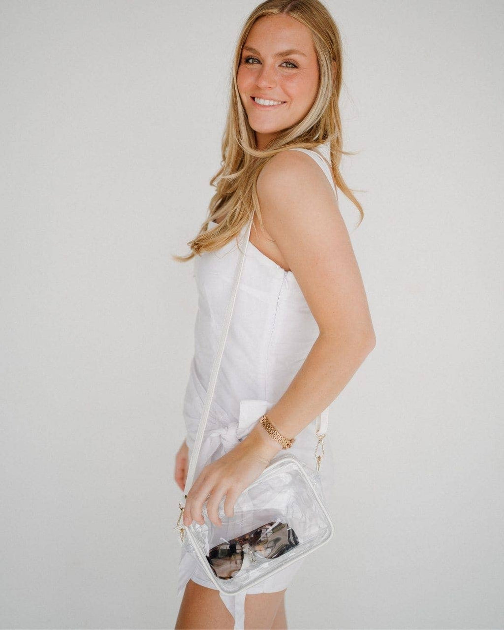 Desden - Bridget Clear Purse with Vegan Leather Trim and Straps - White