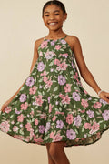 Girls Romantic Floral Halter Neck Tiered Midi Dress