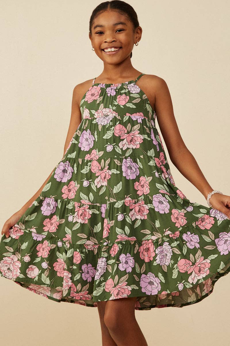 Girls Romantic Floral Halter Neck Tiered Midi Dress
