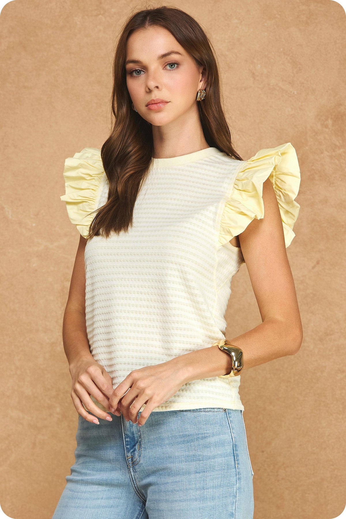Strut & Bolt - Textured Stripe Bubble Ruffle Sleeve Knit Tee Top