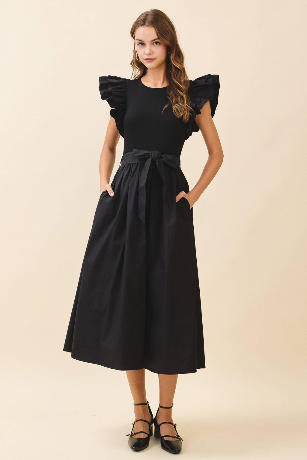 Dramatic Double Layered Ruffle Shoulder Midi Dress