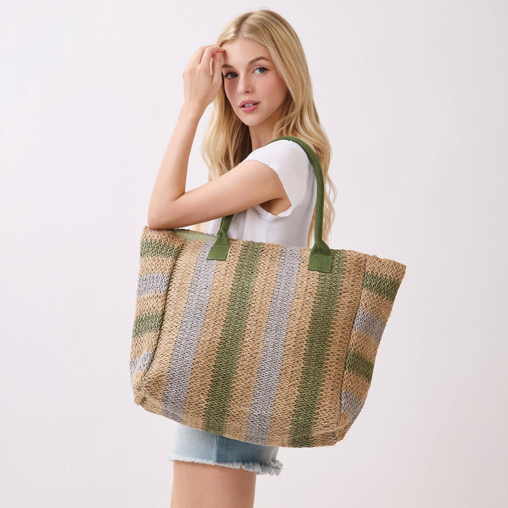 Hana - Multi Color Stripe Pattern Natural Brown Straw Tote Bag