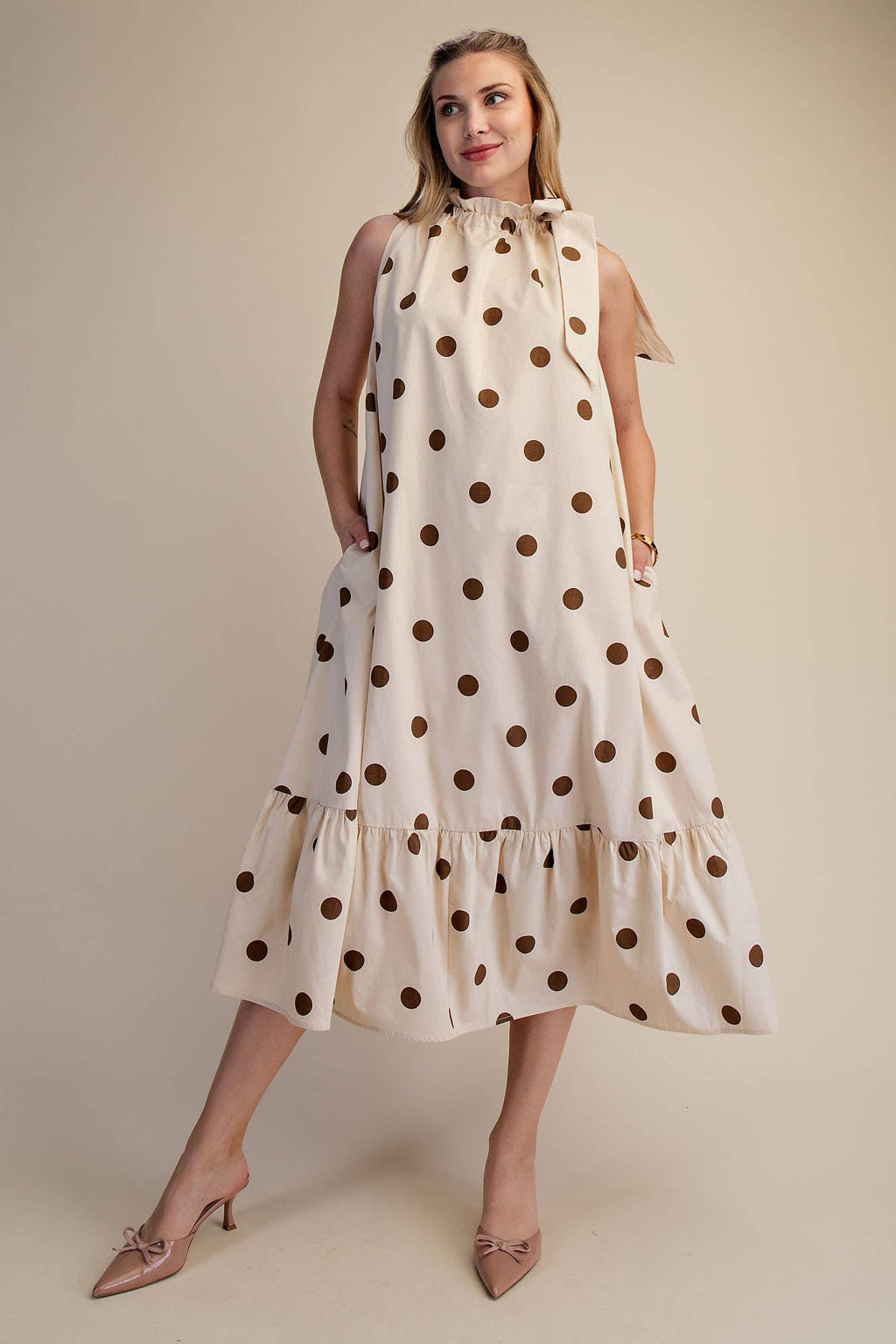 Ruffle Neck Tie Polka Dot Sleeveless Midi Dress