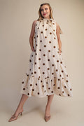 Ruffle Neck Tie Polka Dot Sleeveless Midi Dress