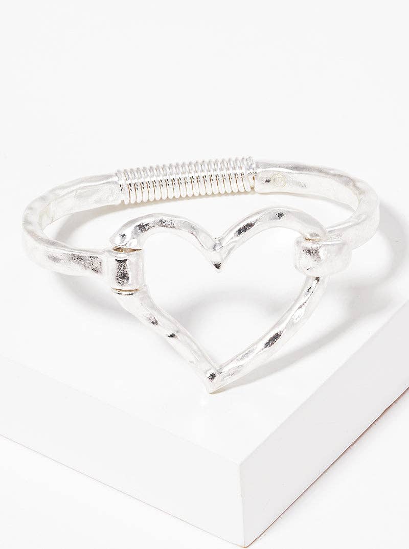 Wild Honey - Hammered Metal Heart Hook Clasp Hinged Bracelet