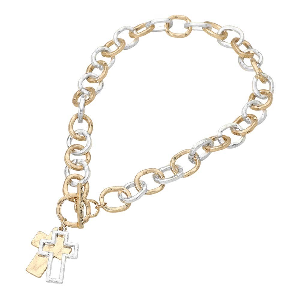 Hammered Layered Cross Pendant Chunky Chain Toggle Necklace