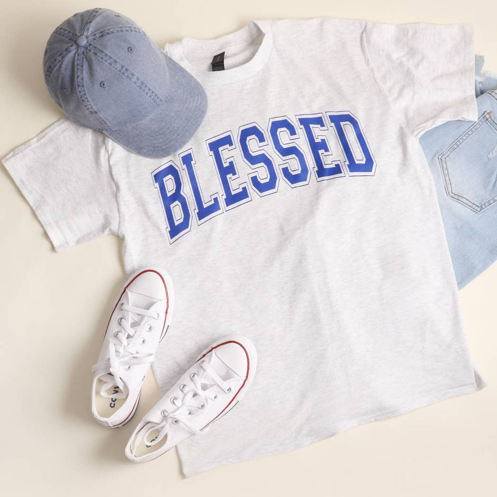 Fashion City - BLESSED Varsity-Style Heavy Cotton Graphic T-Shirt