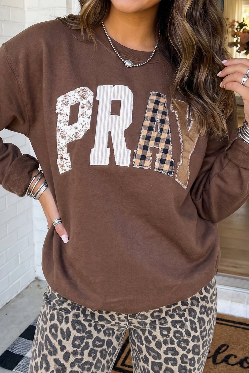 LA Society - LAS Western PRAY Plaid Letter Patchwork Sweatshirt (S-4X)